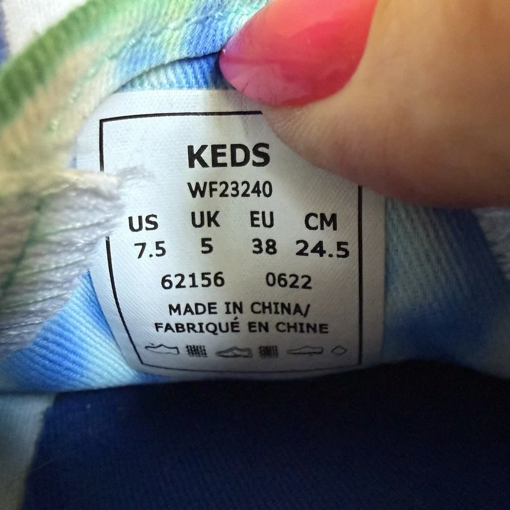 Keds Womens 7.5 Blue Teal Tie Dye Red Trim Slip On Flat Sneakers Shoes